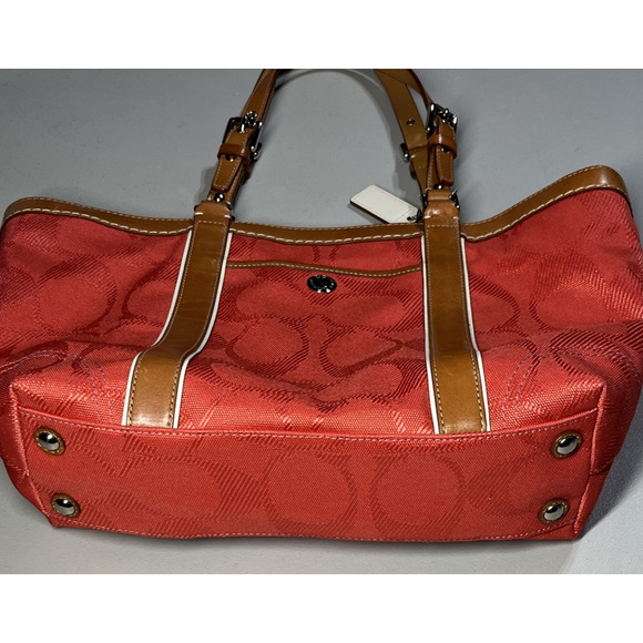 Coach Signature Gallery Tote Bag Coral & Brown Leather Trim Zip Travel F13560 - Picture 3 of 16